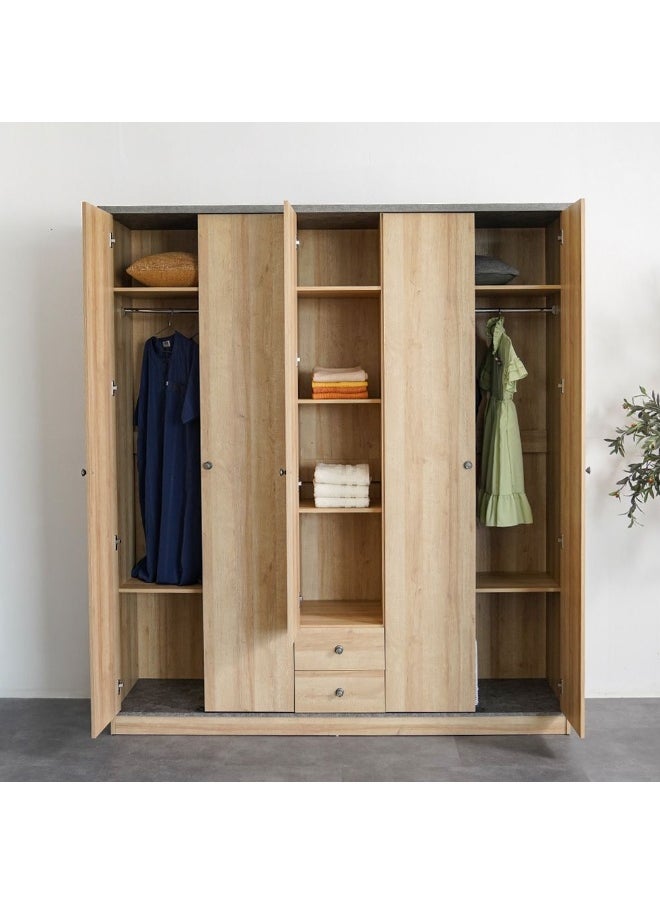 DANUBE HOME Eden 5 Door Wardrobe With 2Drawers And Mirror Sturdy Closet Clothes Storage Cupboard Modern Design Space Saving Swing Door Cabinet For Bedroom L195Xw55Xh220Cm - Oak And Cement  - Image 3