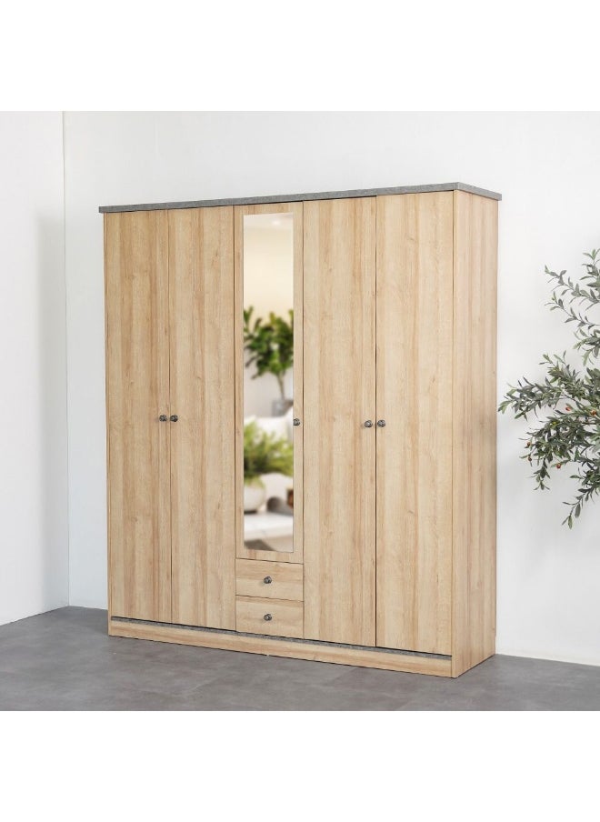 DANUBE HOME Eden 5 Door Wardrobe With 2Drawers And Mirror Sturdy Closet Clothes Storage Cupboard Modern Design Space Saving Swing Door Cabinet For Bedroom L195Xw55Xh220Cm - Oak And Cement  - Image 2