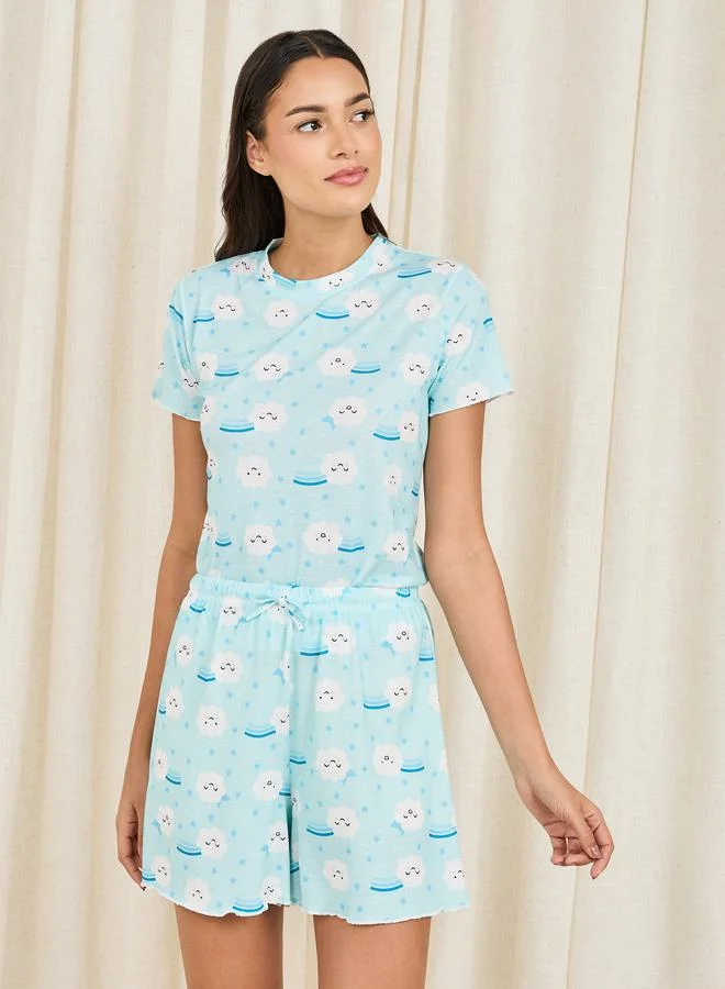 ستايلي Cloud Print Lettuce Trim T-shirt and Short Set