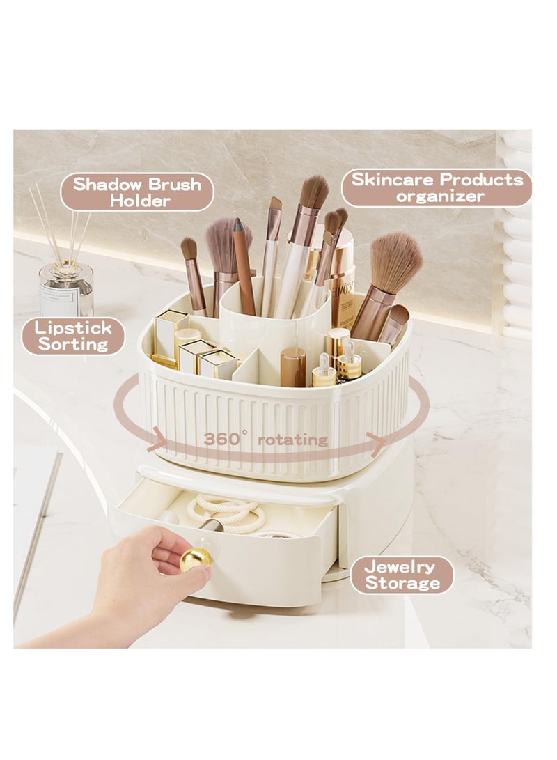Barakah 360° Rotating Makeup Brush Holder with Drawer - Vanity Organizer for Skincare and Makeup Storage - Elegant Ivory Cosmetic Organizer - Image 2