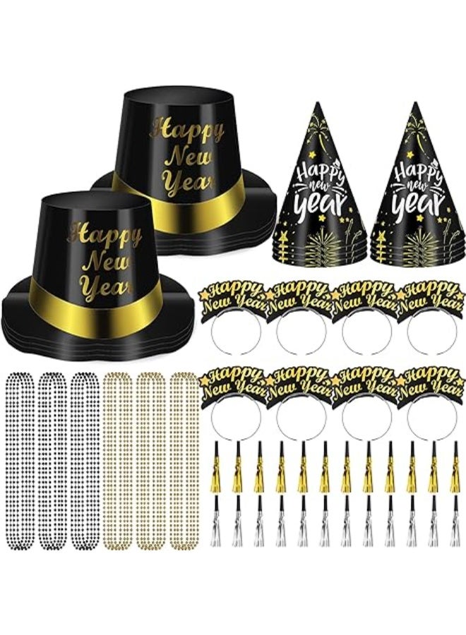 New Years Eve Party Supplies for Guests Includes Top Hats headbands Tiaras Conical Hats Bead Necklaces Squawkers