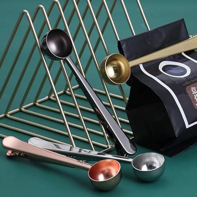 ريحني مجموعة من 5 ملاعق قياس قهوة من الفولاذ المقاوم للصدأ 2In1 مع مشابك ختم، مشبك كيس ملعقة طويل للمقبض للمطبخ للقهوة، شاي الشوفان بالحليب بودرة - Image 2