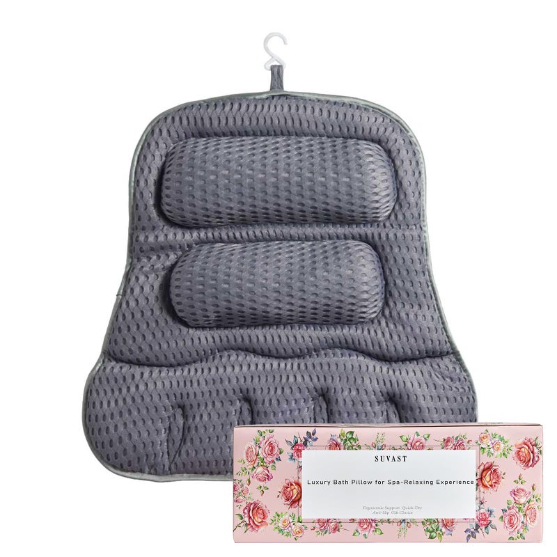 Suvast Luxury Bath Pillow for Tub, Dual Headrest & Back Support, 4D Air Mesh Quick-Dry Cushion, 10 Strong Suction Cups, Extra-Large Spa Bathtub Pillow Gift for Women(Grey) - Image 1