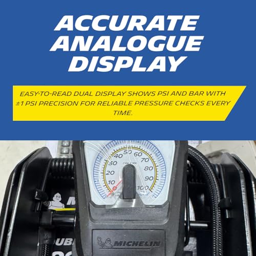 MICHELIN Analogue Double Barrel Foot Pump | High-Efficiency 100 PSI Tyre Inflator with Accurate PSI/BAR Gauge, Locking Ergonomic Tread Plate & Anti-Slip Rubber Feet | Inflator For Cars, Bikes & Cycles - Image 4