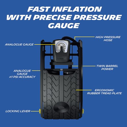 MICHELIN Analogue Double Barrel Foot Pump | High-Efficiency 100 PSI Tyre Inflator with Accurate PSI/BAR Gauge, Locking Ergonomic Tread Plate & Anti-Slip Rubber Feet | Inflator For Cars, Bikes & Cycles - Image 2