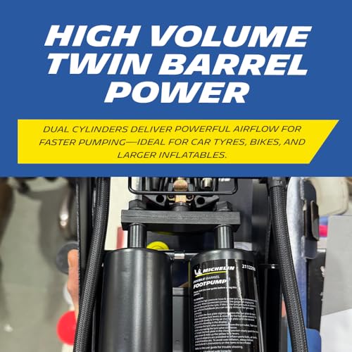 MICHELIN Analogue Double Barrel Foot Pump | High-Efficiency 100 PSI Tyre Inflator with Accurate PSI/BAR Gauge, Locking Ergonomic Tread Plate & Anti-Slip Rubber Feet | Inflator For Cars, Bikes & Cycles - Image 3