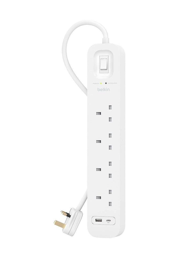 belkin Belkin 4-Outlet Surge Protector Power Strip, Wall-Mountable with 4 AC Outlets, 2M Power Cord, & Green Indicator Light - USB-C Port & USB-A Port w/USB-C PD Fast Charging - 525 Joules of Protection  - Image 1