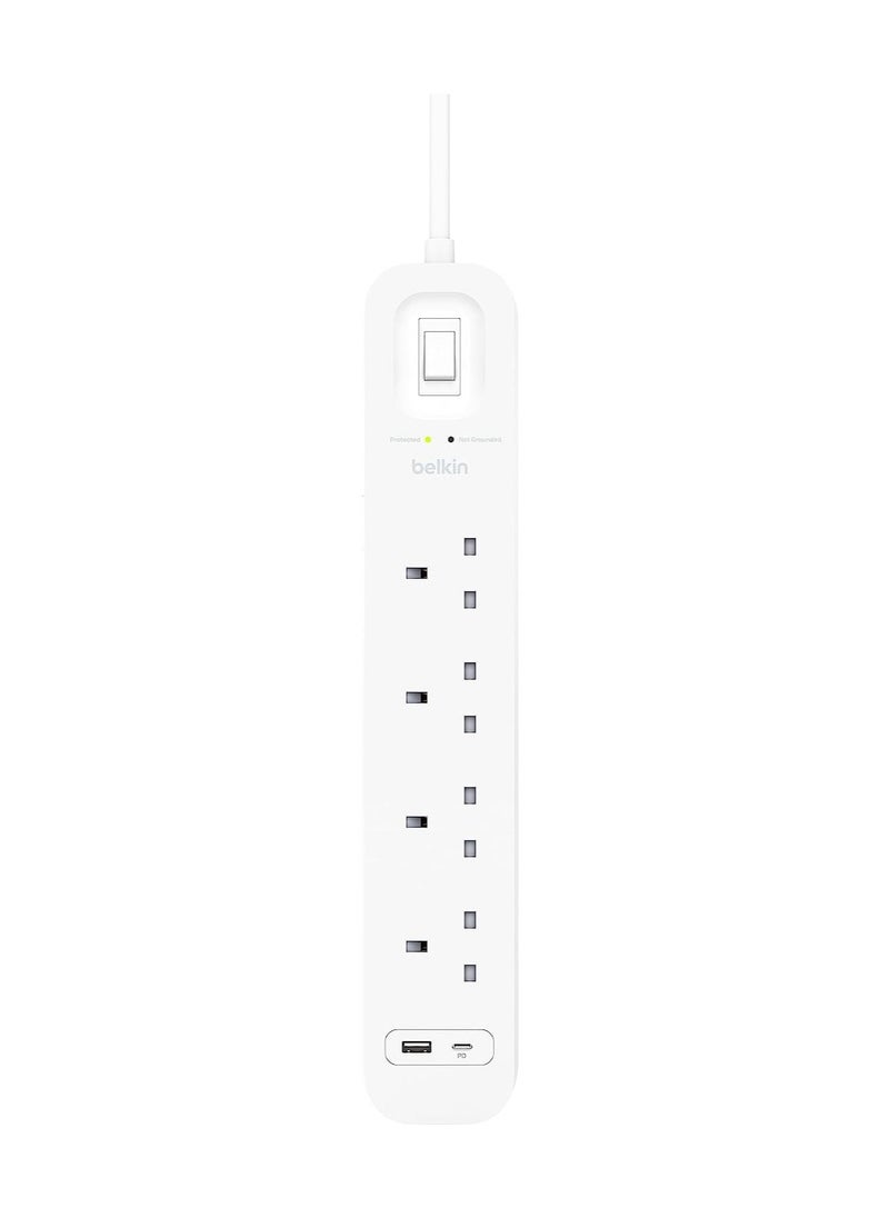 belkin Belkin 4-Outlet Surge Protector Power Strip, Wall-Mountable with 4 AC Outlets, 2M Power Cord, & Green Indicator Light - USB-C Port & USB-A Port w/USB-C PD Fast Charging - 525 Joules of Protection  - Image 4