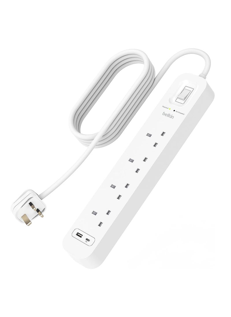 belkin Belkin 4-Outlet Surge Protector Power Strip, Wall-Mountable with 4 AC Outlets, 2M Power Cord, & Green Indicator Light - USB-C Port & USB-A Port w/USB-C PD Fast Charging - 525 Joules of Protection  - Image 5