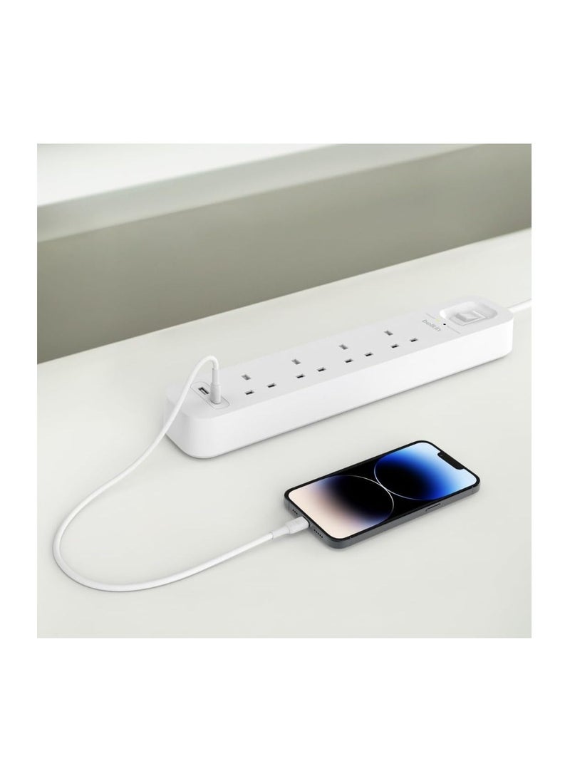 Belkin 4-Outlet Surge Protector Power Strip, Wall-Mountable with 4 AC Outlets, 2M Power Cord, & Green Indicator Light - USB-C Port & USB-A Port w/USB-C PD Fast Charging - 525 Joules of Protection - pzsku/ZC89D4B19773EC22BF2BCZ/45/_/1689149597/6dc693c4-0de2-4dd0-93b2-ee0d10eb9360