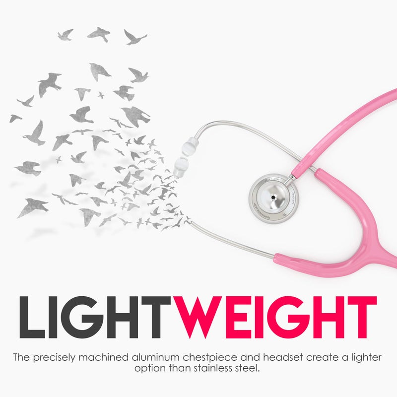 MDF Instruments ستيثوسكوب MDF أكوستيكا خفيف الوزن للأطباء والممرضين والطلاب والاستخدام المنزلي، للبالغين، ذو رأس مزدوج، أنبوب وردي، رأس صدري فضي - MDF747XP01 - Image 3