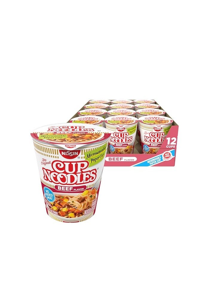 Nissin Cup Noodles Soup Beef Flavor Microwaveable Paper Cups Instant Ramen 225 Ounce Pack of 12 - Image 1
