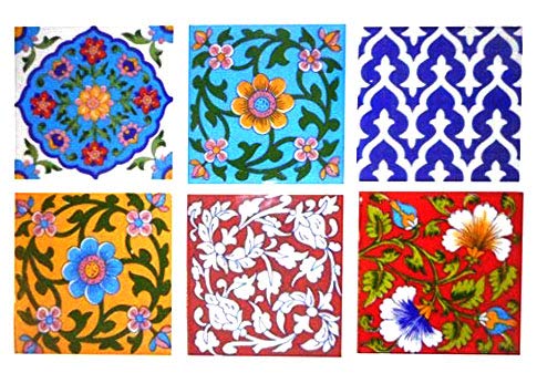 SHIVKRIPA BLUE ART POTTERY Ceramic Decorative Handmade Tiles 15 x 15 x 05 cm Multicolour Pack of 6