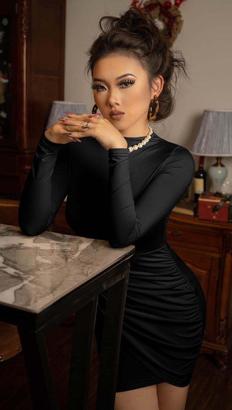 GOBLES Women's Long Sleeve Elegant Sexy Bodycon Ruched Mini Cocktail Dress Black - Image 5