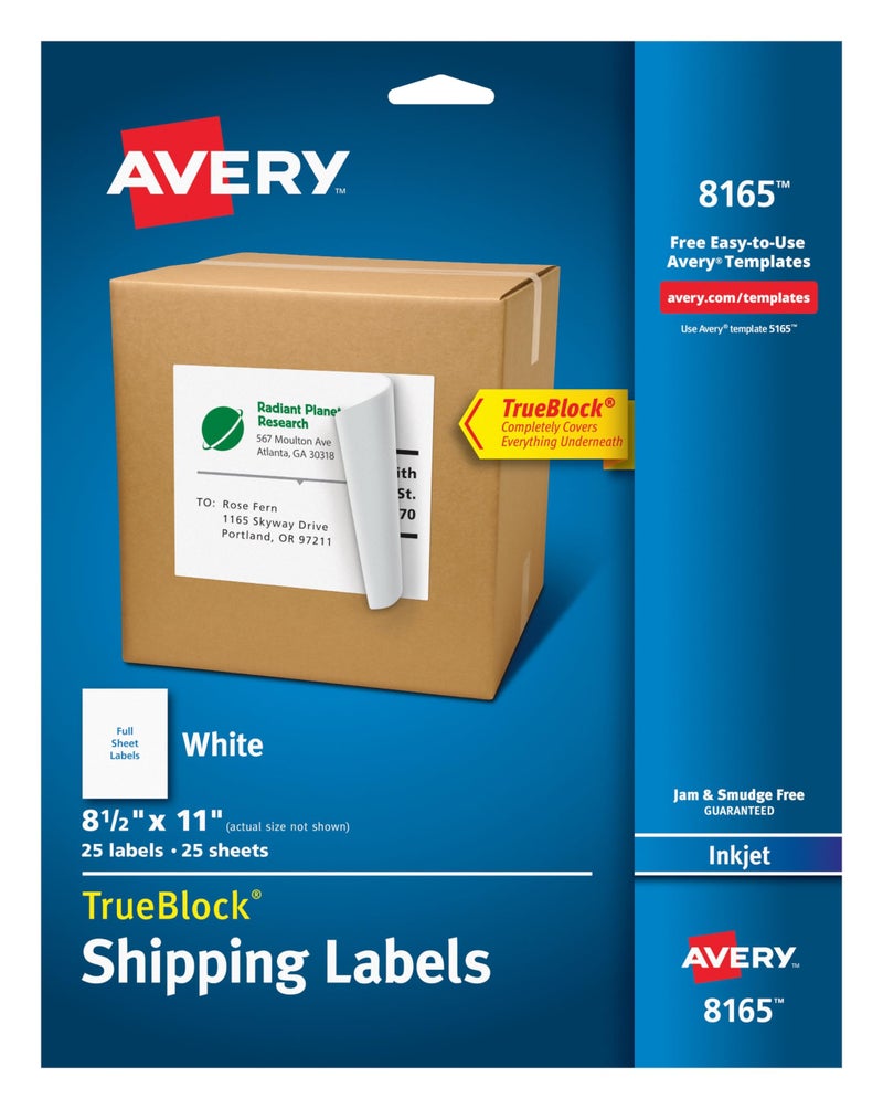 Avery White Full-Sheet Labels for Inkjet Printers with TrueBlock Technology, 8 1/2 Inch x 11 Inch, Pack of 25 (8165) - Image 1