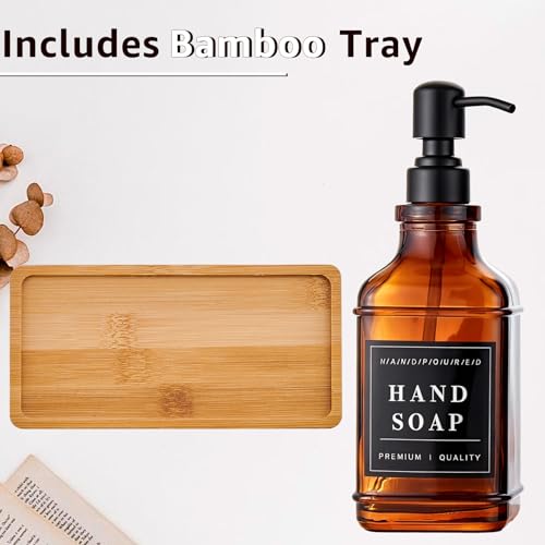 KSITEX Dish and Hand Soap Dispenser for Kitchen, Amber Glass Soap Dispenser with Pump,Tray,Funnel, Set of 2 Countertop Soap and Lotion Dispenser for Bathroom,Shower,500ml/16.9oz, - Image 5