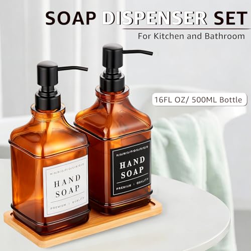KSITEX Dish and Hand Soap Dispenser for Kitchen, Amber Glass Soap Dispenser with Pump,Tray,Funnel, Set of 2 Countertop Soap and Lotion Dispenser for Bathroom,Shower,500ml/16.9oz, - Image 2