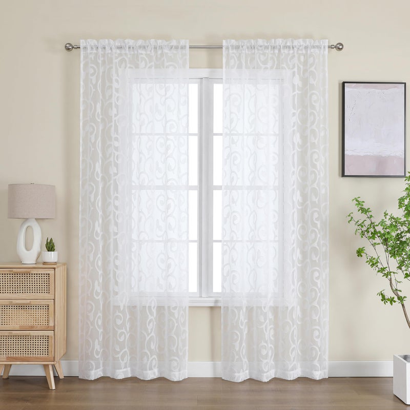 OWENIE Furman Extra Long Sheer White Curtains 96 inches Long for Bedroom Living Room 2 Panels Set  Light Filtering Soft Semi Sheer Jacquard Clip Farmhouse Curtains Rod Pocket Design  40Wx96L inch - Image 2