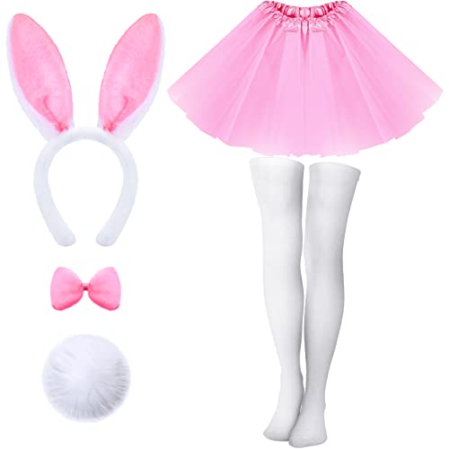 Yahenda 5 Pcs Easter Bunny Costume Set for Adult Bunny Ears Headband Rabbit Bowtie Tail Tutu Thigh High Stocking for Girl Cosplay (Pink Tutu) - Image 1