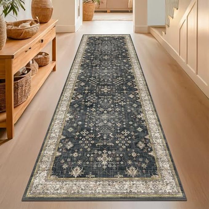 Hazo Haus Dark Washable Long Runners for Hallways, 2'6"x8' Wide Kitchen Runner Rug, Entryway Indoor Rug, Non Slip Rubber Backing Boho Vintage Floor Decor, Ashen/Multi - Image 1