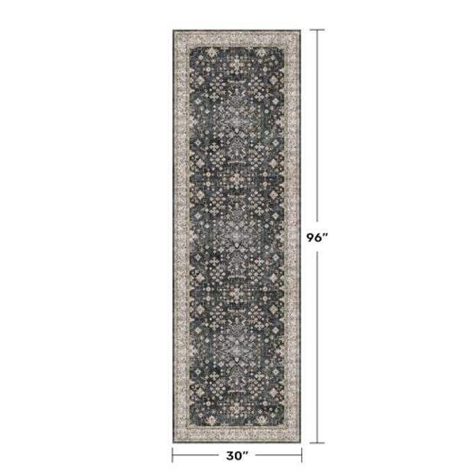 Hazo Haus Dark Washable Long Runners for Hallways, 2'6"x8' Wide Kitchen Runner Rug, Entryway Indoor Rug, Non Slip Rubber Backing Boho Vintage Floor Decor, Ashen/Multi - Image 2
