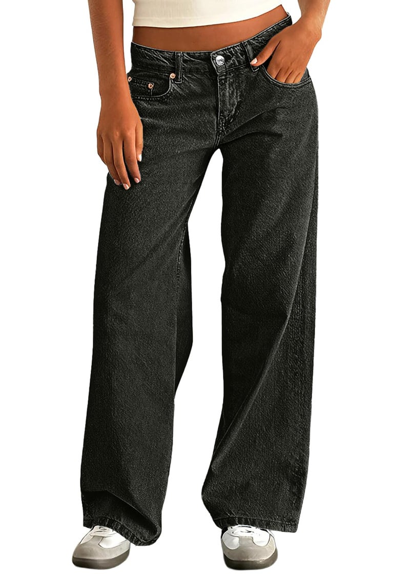 IWOLLENCE Women's Baggy Jeans Low Rise Straight Wide Leg Cowboy Chic Pants Boyfriend Y2K Distressed Denim Jean Pant Cowgirls with Pockets Drak Grey, M - Image 1