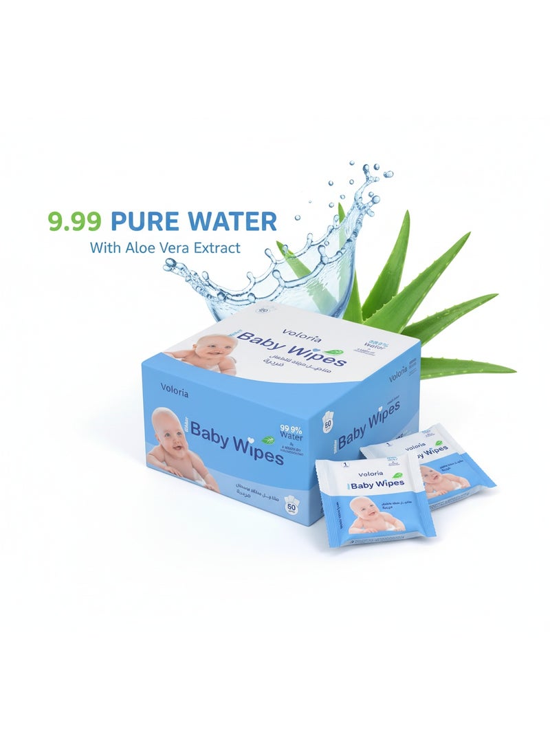 فولوريا مناديل مبللة للأطفال، مغلفة بشكل فردي ، 50 قطعة ، 99.9% ماء نقي وخلاصة الألوفيرا ، آمنة للبشرة الحساسة - Image 2