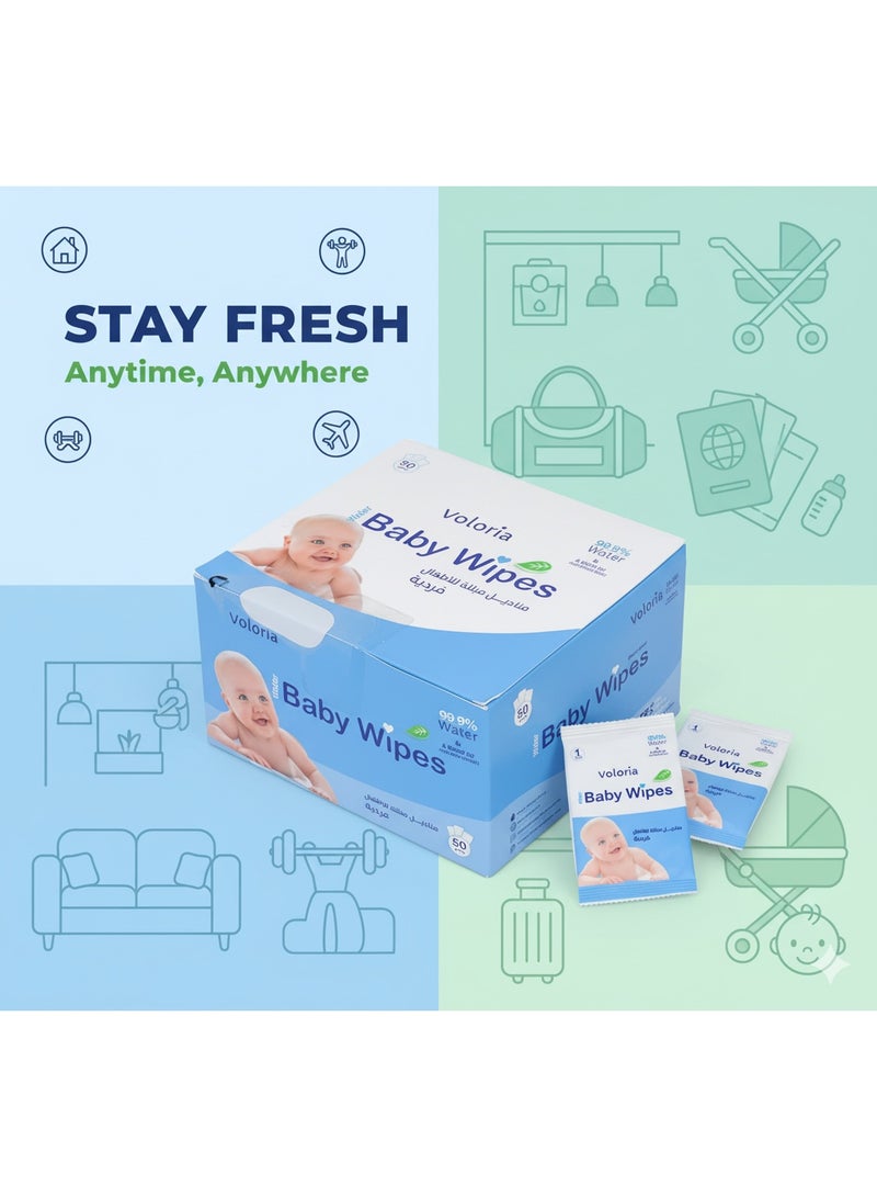 فولوريا مناديل مبللة للأطفال، مغلفة بشكل فردي ، 50 قطعة ، 99.9% ماء نقي وخلاصة الألوفيرا ، آمنة للبشرة الحساسة - Image 5
