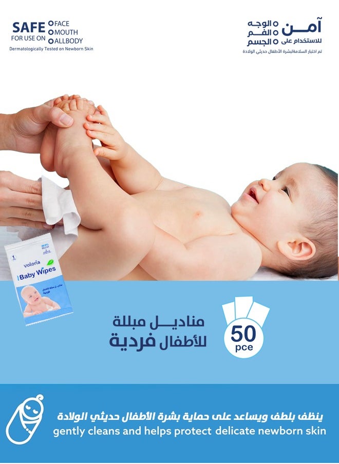 Voloria Baby Wet Wipes, Individually Wrapped, 50 Pieces, 99.9% Pure Water and Aloe Vera Extract, Safe for Sensitive Skin  - Image 2
