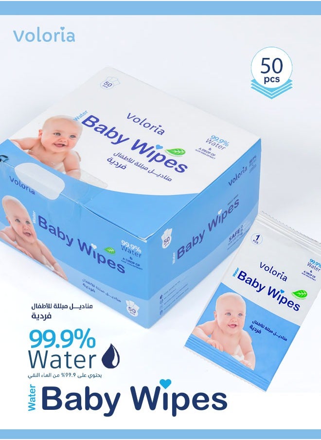 Voloria Baby Wet Wipes, Individually Wrapped, 50 Pieces, 99.9% Pure Water and Aloe Vera Extract, Safe for Sensitive Skin  - Image 1