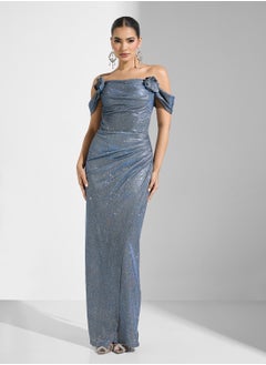 Namshi x Off Shoulder Shimmer Dress With Belted Trail  - Image 3