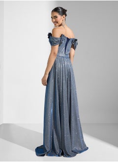 Namshi x Off Shoulder Shimmer Dress With Belted Trail  - Image 2