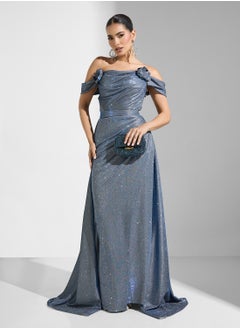 Namshi x Off Shoulder Shimmer Dress With Belted Trail  - Image 5