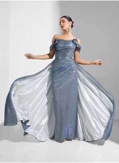 Namshi x Off Shoulder Shimmer Dress With Belted Trail  - Image 1