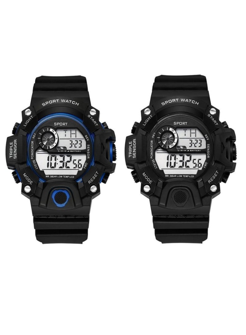 SPORT 2 PCS Outdoor Multifunctional Watch with Night Light Alarm and Sports Features (Black, Dark Blue) - Image 1