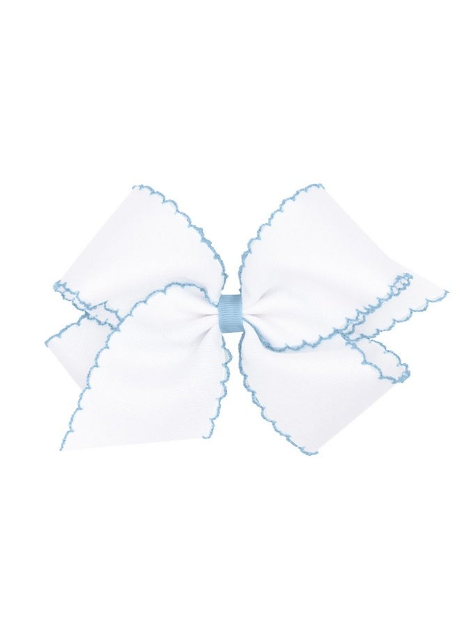 Wee Ones Wee Ones Girls' Grosgrain Hair Bow with Contrasting Moonstitch Edge and Wrap on a WeeStay Hair Clip, King, White with Millennium Blue  - Image 1