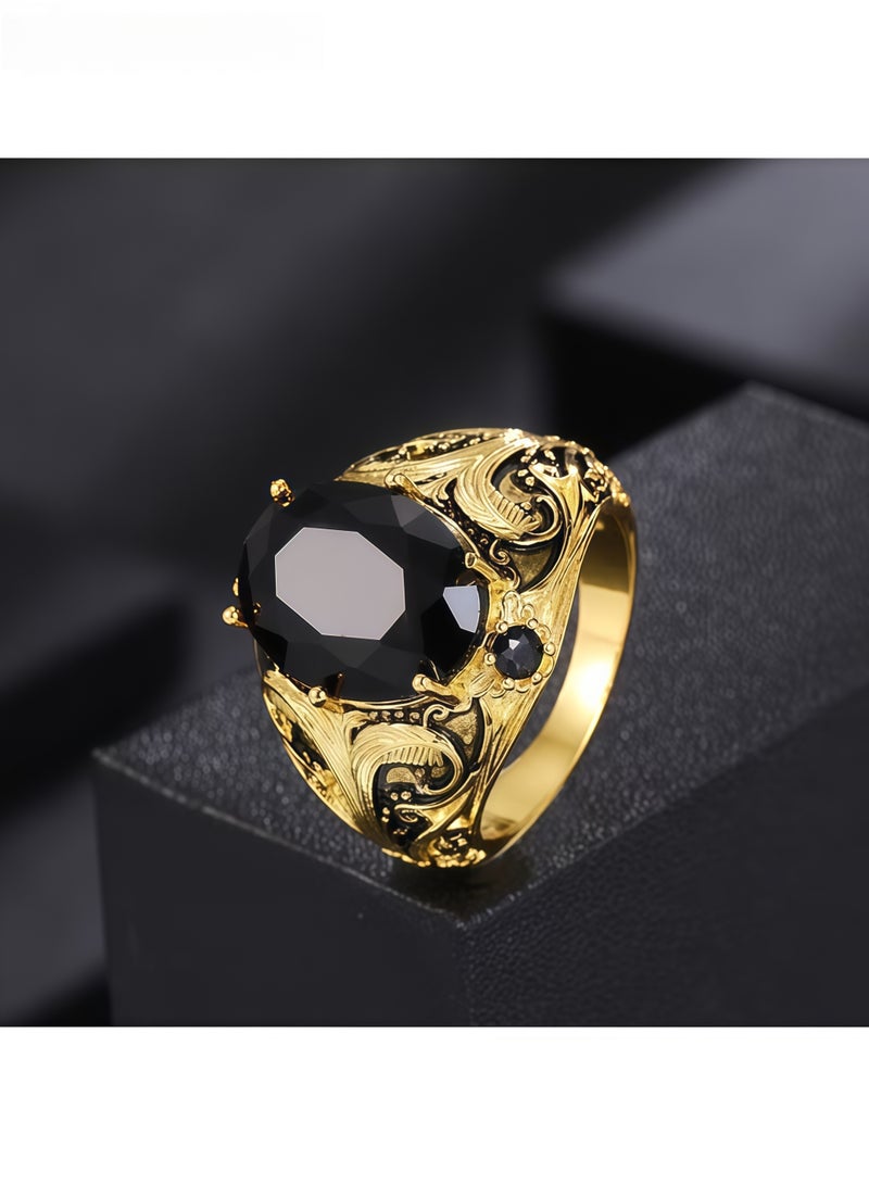 خاتم رجالي بتصميم كلاسيكي مرصع بحجر زركونيا صناعي بيضاوي الشكل، مصنوع من سبيكة معدنية مطلية بلمسة نهائية عتيقة. خاتم أنيق فردي، مثالي كهدية مجوهرات، مناسب للارتداء اليومي والحفلات والمناسبات الخاصة للرجال والبالغين (مقاس 9). - Image 2