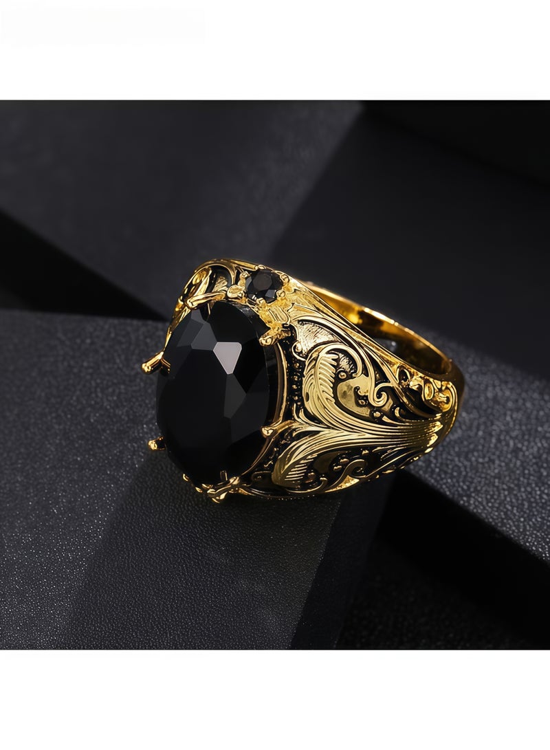 خاتم رجالي بتصميم كلاسيكي مرصع بحجر زركونيا صناعي بيضاوي الشكل، مصنوع من سبيكة معدنية مطلية بلمسة نهائية عتيقة. خاتم أنيق فردي، مثالي كهدية مجوهرات، مناسب للارتداء اليومي والحفلات والمناسبات الخاصة للرجال والبالغين (مقاس 9). - Image 4