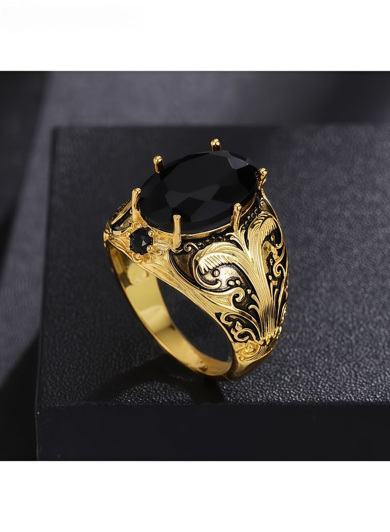 خاتم رجالي بتصميم كلاسيكي مرصع بحجر زركونيا صناعي بيضاوي الشكل، مصنوع من سبيكة معدنية مطلية بلمسة نهائية عتيقة. خاتم أنيق فردي، مثالي كهدية مجوهرات، مناسب للارتداء اليومي والحفلات والمناسبات الخاصة للرجال والبالغين (مقاس 9). - Image 3