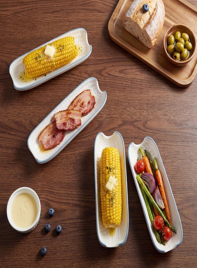 Potchen 6 Set Corn on the Cob Ceramic Holders White Ceramic Dishes 8.5 Inches Durable Stoneware Side Plates with Blue Trim Non-slip Bottom Cob Trays for Corn Festival Vegetables Snacks - Image 5