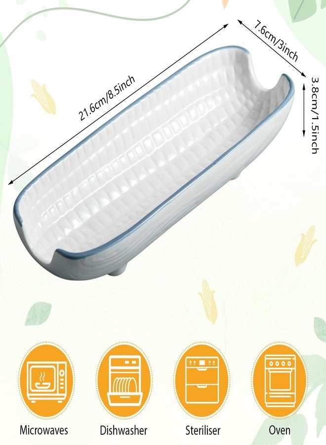 Potchen 6 Set Corn on the Cob Ceramic Holders White Ceramic Dishes 8.5 Inches Durable Stoneware Side Plates with Blue Trim Non-slip Bottom Cob Trays for Corn Festival Vegetables Snacks - Image 2