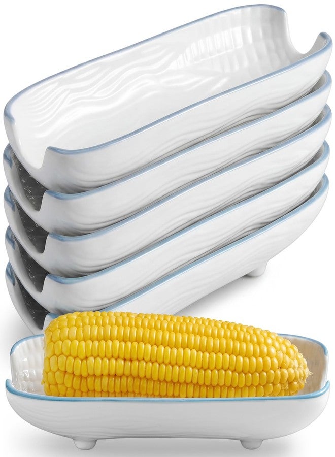 Potchen 6 Set Corn on the Cob Ceramic Holders White Ceramic Dishes 8.5 Inches Durable Stoneware Side Plates with Blue Trim Non-slip Bottom Cob Trays for Corn Festival Vegetables Snacks - Image 1