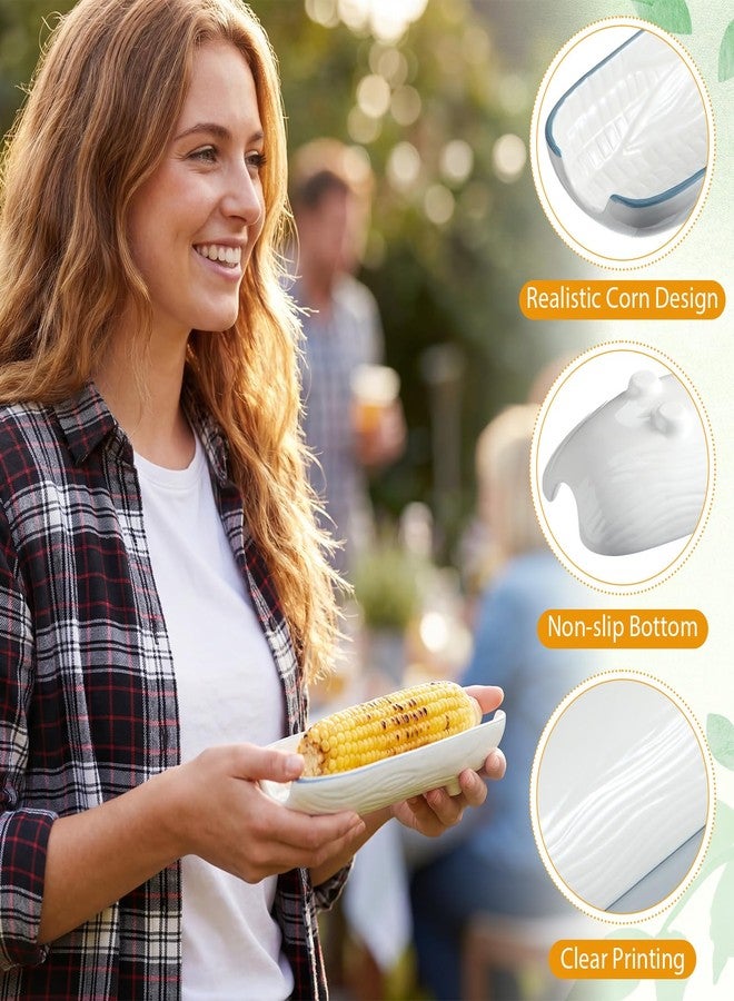 Potchen 6 Set Corn on the Cob Ceramic Holders White Ceramic Dishes 8.5 Inches Durable Stoneware Side Plates with Blue Trim Non-slip Bottom Cob Trays for Corn Festival Vegetables Snacks - Image 3