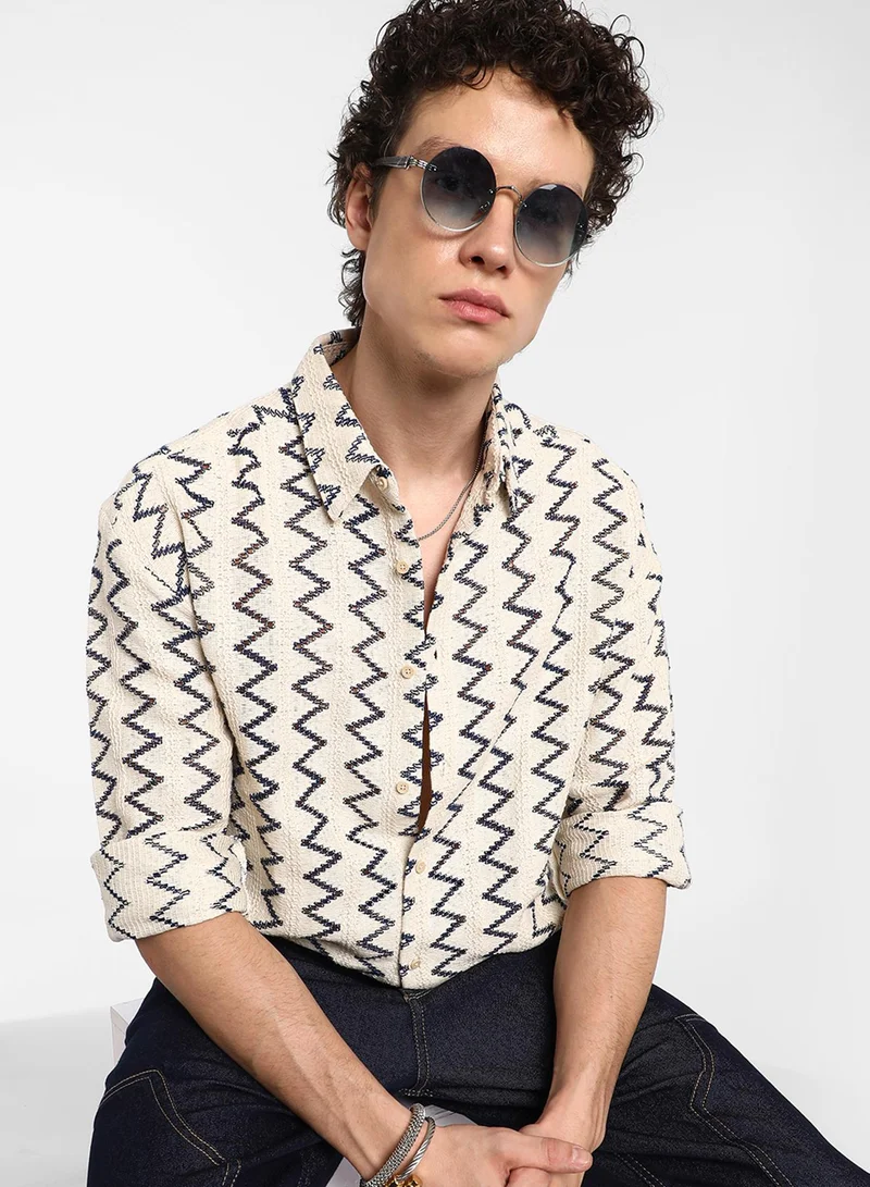 Campus Sutra Men's Cream White Zig-Zag Knit Shirt For Casual Wear | Spread Collar | Long Sleeve | Button Closure | Shirt Crafted With Comfort Fit For Everyday Wear