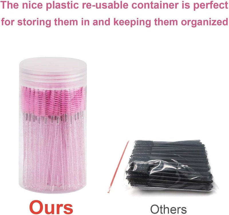 YLmeet 100 Piece Disposable Mascara Brush, Mascara Wand Makeup Brush Applicator Kit for Eyelash Extensions and Eyebrow Brush with Container (Pink) - Image 4