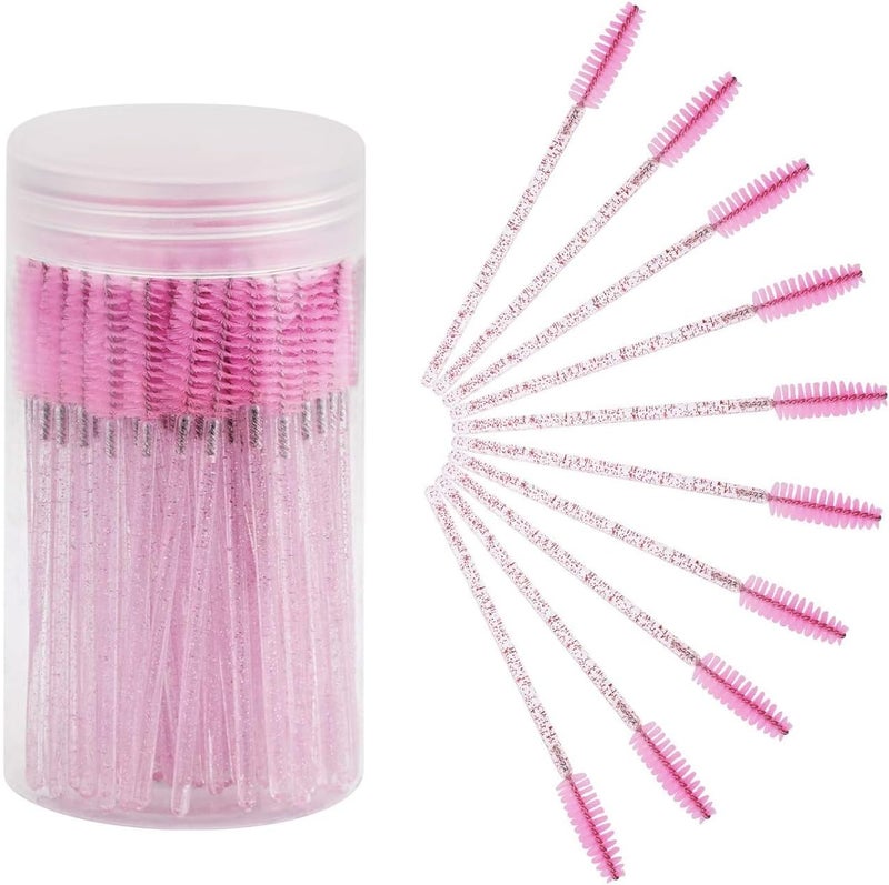 YLmeet 100 Piece Disposable Mascara Brush, Mascara Wand Makeup Brush Applicator Kit for Eyelash Extensions and Eyebrow Brush with Container (Pink) - Image 1