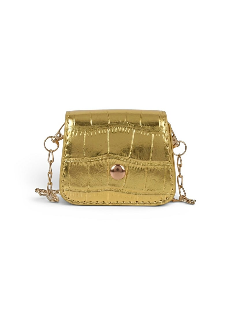 حقيبة كروس ميني نسائية باللون الذهبي الميتاليك من اورا ستايل - شنطة كتف صغيرة بحزام سلسلة ونقشة جلد التمساح للحفلات والسهرات - Image 4
