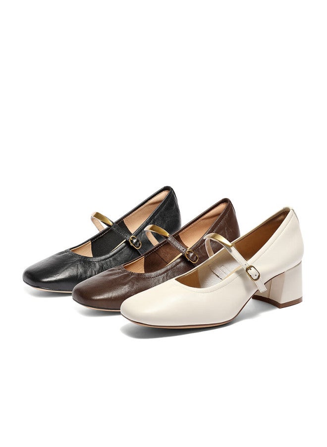 Senda a Little Golden Bean Mary Jane Women's Spring Autumn Lambskin Fashion Commuting Chunky Heel Pumps 4mjb9cq5 Beige 37 - Image 4