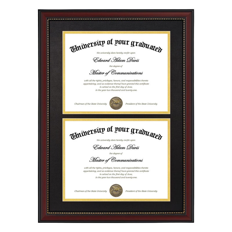 GraduatePro Dual Diploma Frame 14x20 for Two 85x11 CertificatesPictures with Double Mat Black Over Gold UV Protection Acrylic Professional Mahogany Wooden Finish Gold Beads
