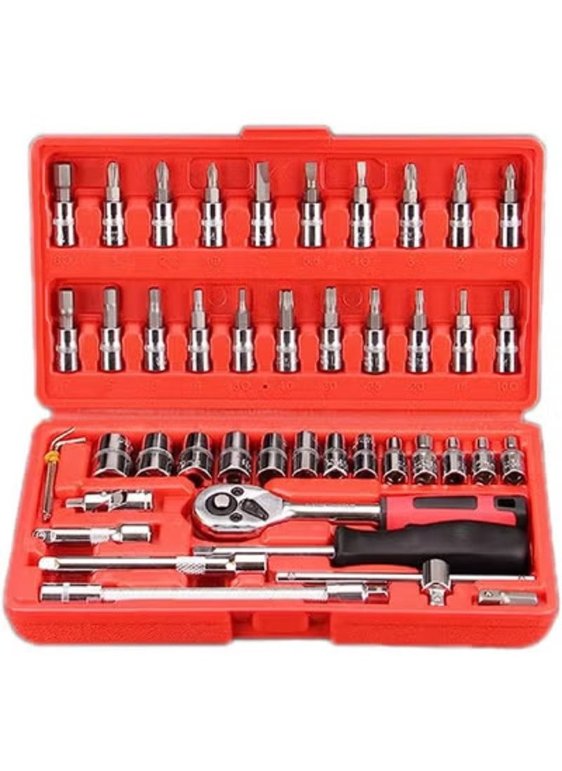 Generic Generic 46 Pcs 1/4 Inch Screwdriver Drive Socket Bit Set Car Repair Tool with Reversible Ratchet Wrench Spinner Handle and Extension Bar Kit-Storage Case Chrome Vanadium Material For Automobile Bike/Bicycle  - Image 1